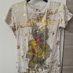 Ed Hardy White Tee with Gold and Yellow Accents